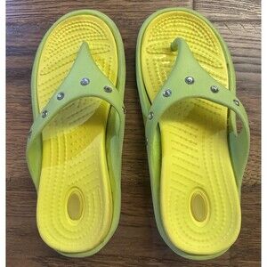 Avon Lime Green Yellow Rhinestone Flip Flops Comfort Sandals Women’s Size 7